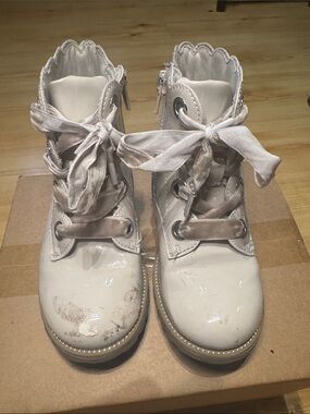 Girls Cream Patent Lace-Up Boots with Ribbon Ties